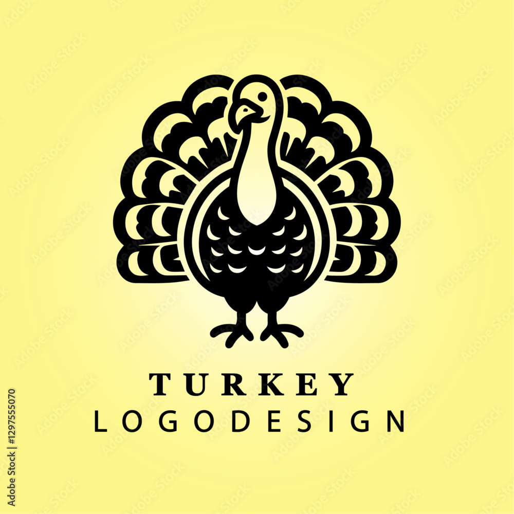 Obraz premium Black Turkey Logo with Fanned Tail on Yellow Gradient Background for Branding, Farm, Agriculture, Thanksgiving, Business, Creative Design, and Corporate Identity Concepts 