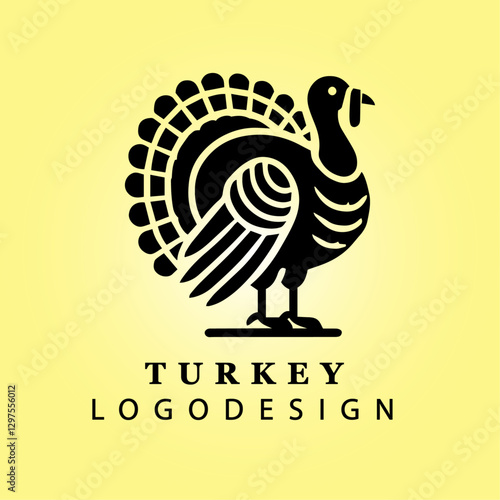 Black Turkey Logo with Fanned Tail on Yellow Gradient Background for Branding, Farm, Agriculture, Thanksgiving, Business, Creative Design, and Corporate Identity Concepts
