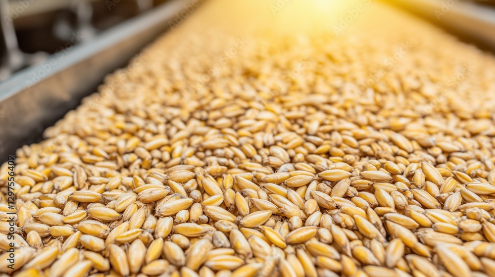 Obraz premium Close-Up of Barley Grains on Production Line for Beer Brewing Process in a Brightly Lit Brewery Environment