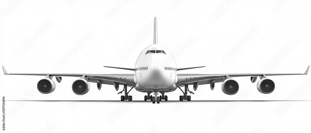 Large commercial airplane front view with landing gear down on plain white background
Large commercial airplane front view with landing gear down on plain white background