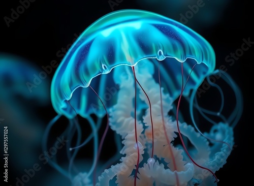 an image of a jellyfish with a blue and white jelly underneath it, there is a jellyfish that is glowing blue and white photo