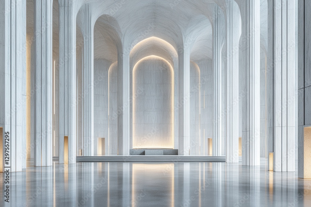 Naklejka premium Modern Minimalist White Hall Interior Architecture with Arched Ceilings and Subtle Lighting with