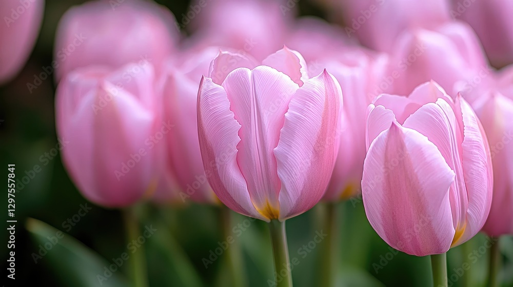 Fototapeta premium Pink tulips blooming in a garden during a bright spring day with soft bokeh background.