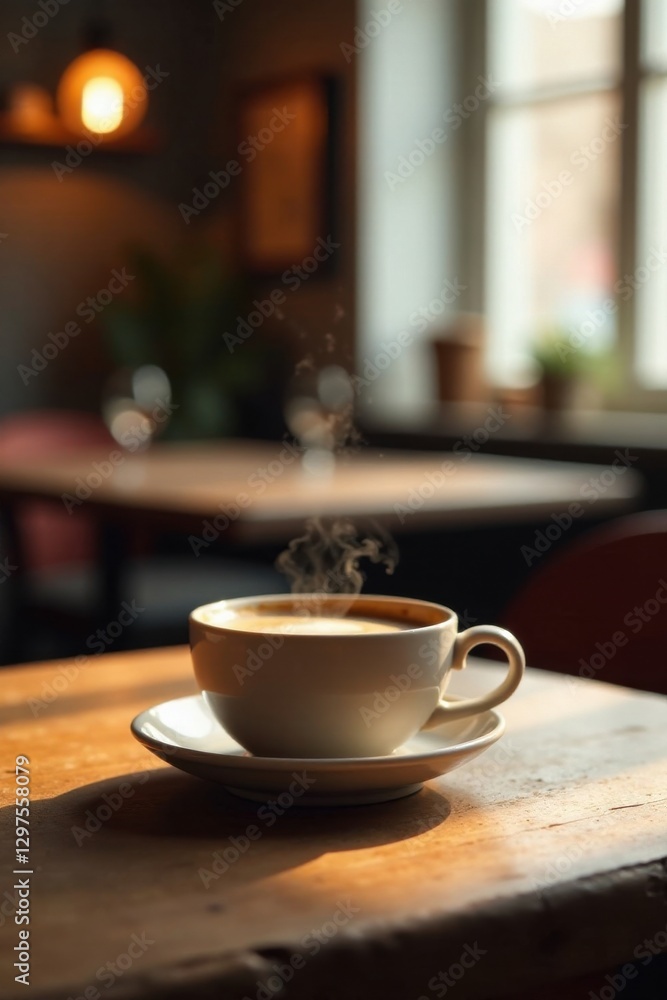 Warm Aromatic Coffee in a Cozy Cafe Setting with Sunlight Streaming Through a Window Warm Aromatic Coffee in a Cozy Cafe Setting with Sunlight Streaming Through a Window