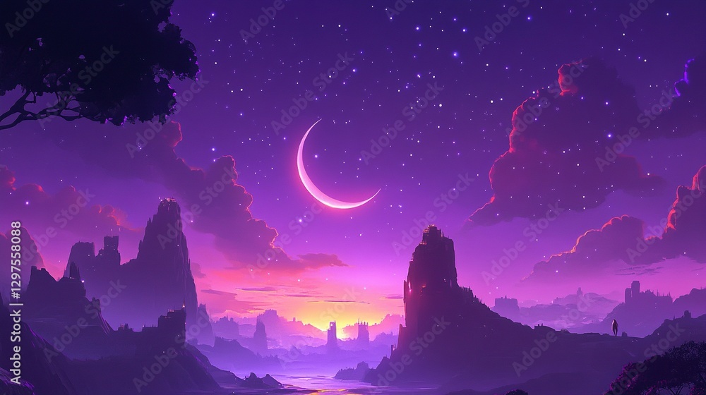 A stylized landscape shows mountains under a starry night sky