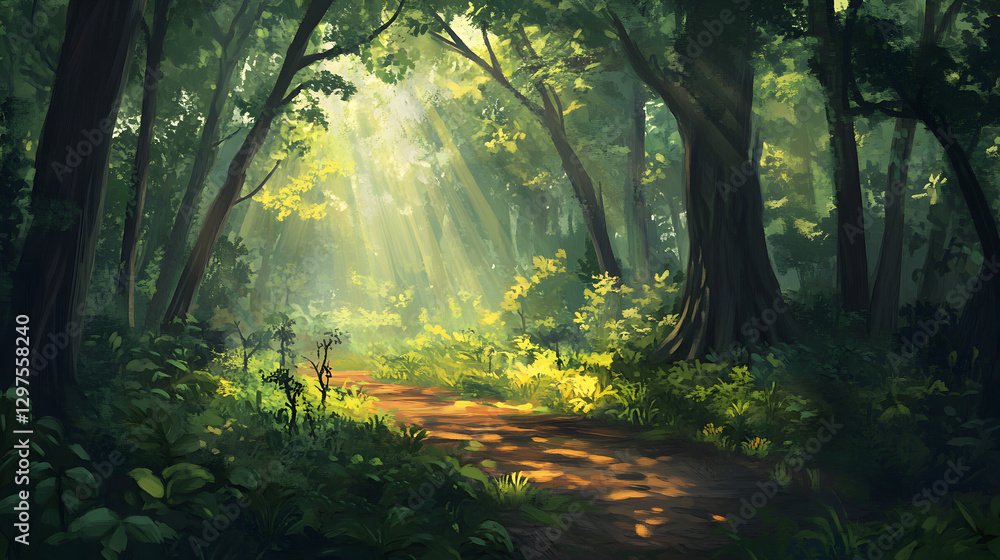 Obraz premium lush green forest with sunlight filtering through the tall trees and casting dappled shadows on the forest floor 