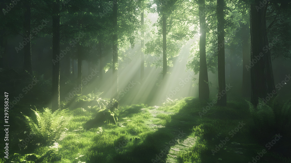 Obraz premium lush green forest with sunlight filtering through the tall trees and casting dappled shadows on the forest floor 