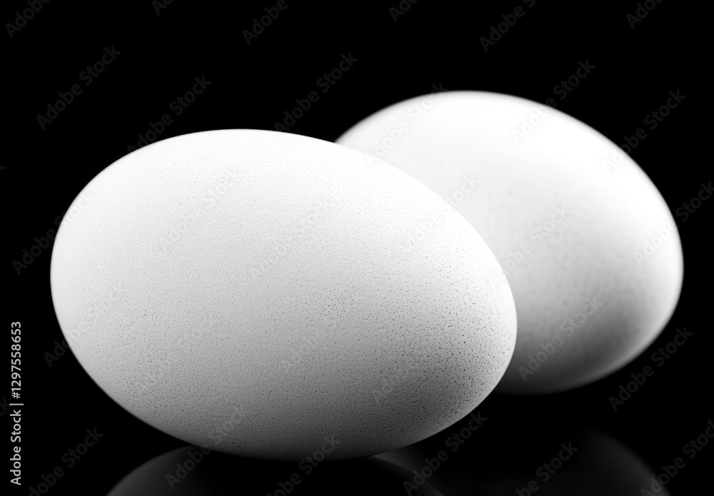 Two speckled white eggs rest on a reflective black surface, lit with dramatic lighting creating strong shadows Two speckled white eggs rest on a reflective black surface, lit with dramatic lighting creating strong shadows