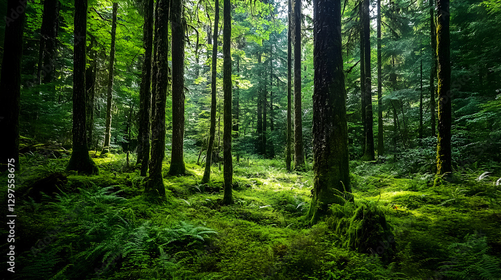 Fototapeta premium green forest with a large tree at the center, surrounded by various types of plants and sunlight shining down from above 