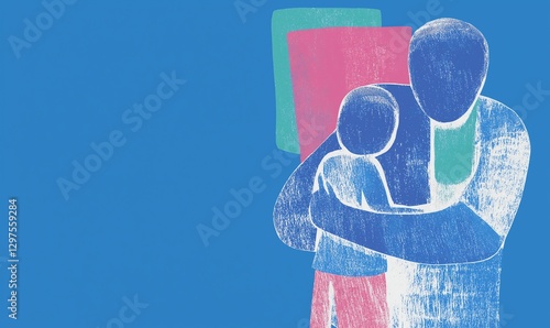adult hugging a younger person in a familial bond illustration in abstract chalk or oil pastel 