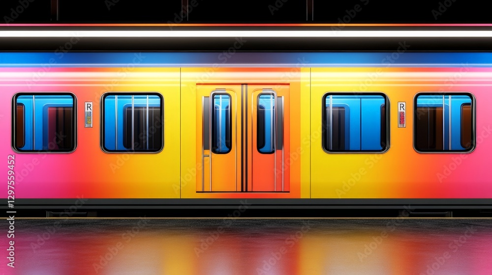 Obraz premium Bright yellow subway train with modern sleek design and bold colorful accents parked at underground station creating urban transportation aesthetic and vibrant city life photography