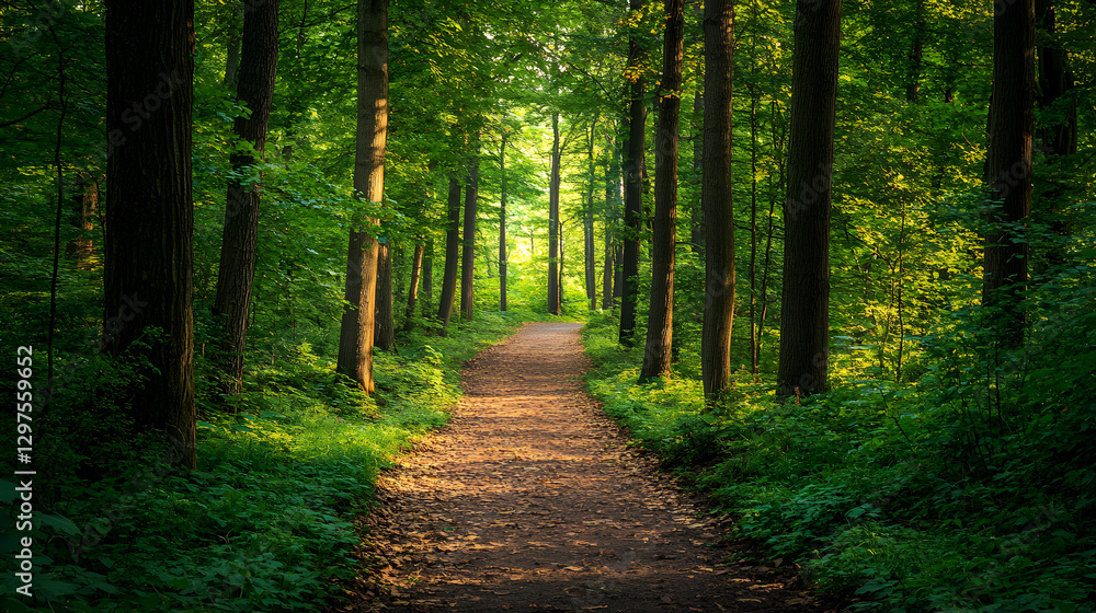 Fototapeta premium forest path surrounded by vibrant green foliage and towering trees, leading into a peaceful natural sanctuary 