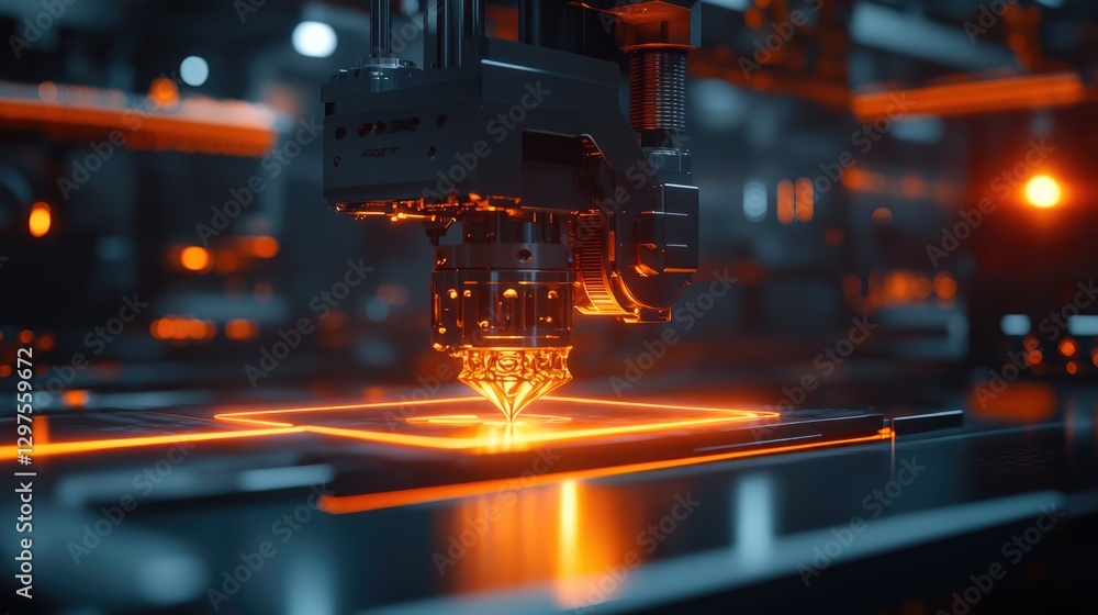 Precision Robotic Arm with Orange Light, 3D Printing or Advanced Manufacturing Concept Precision Robotic Arm with Orange Light, 3D Printing or Advanced Manufacturing Concept