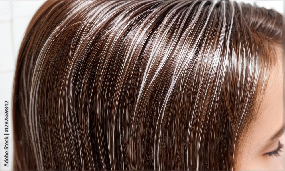 Close Up Of Wet Brown Hair With White Conditioning Treatment Close Up Of Wet Brown Hair With White Conditioning Treatment