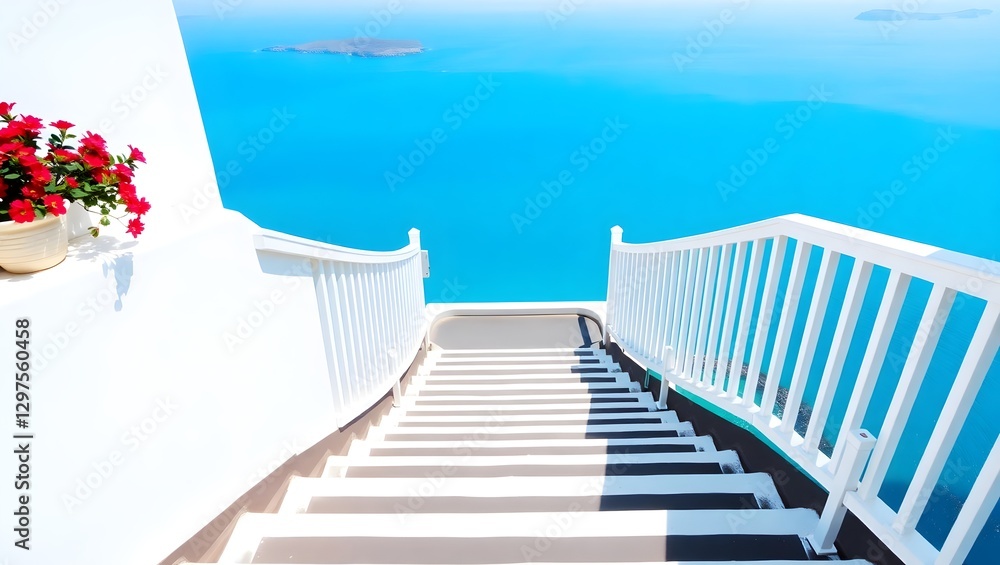 Fototapeta Seaside Descent: White Steps, Blue Water, Potted Flowers