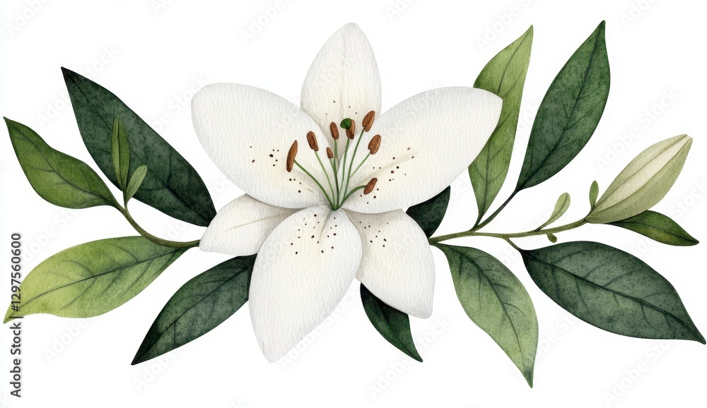 White lily flower with green leaves on white background. Watercolor painting style, botanical illustration. Perfect for wedding invitations, cards White lily flower with green leaves on white background. Watercolor painting style, botanical illustration. Perfect for wedding invitations, cards