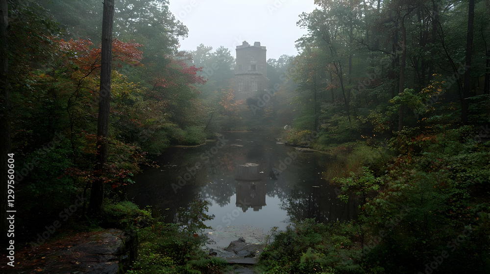 Fototapeta premium Misty autumn forest, castle reflection in pond