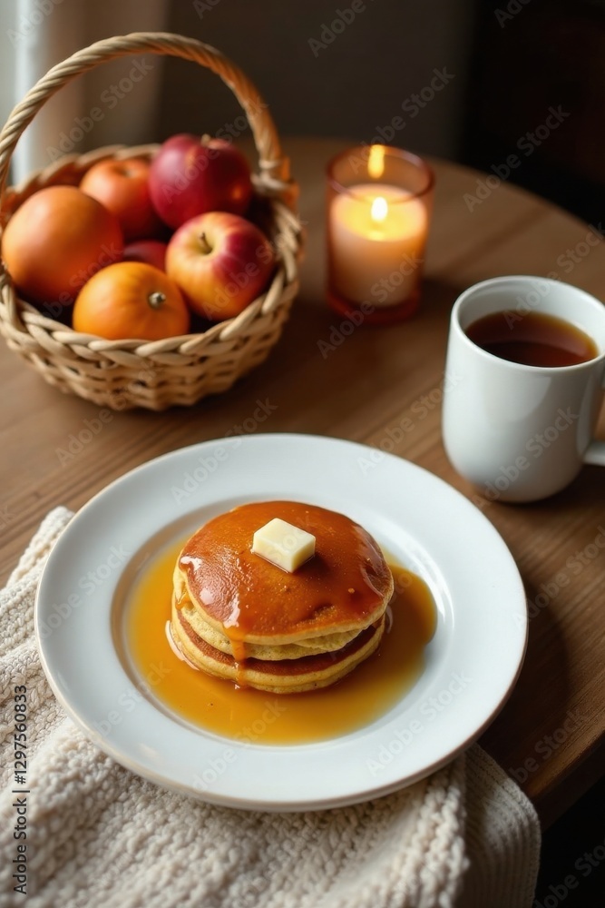 Warm autumnal breakfast scene with pancakes, butter, syrup, fruit, and tea Warm autumnal breakfast scene with pancakes, butter, syrup, fruit, and tea