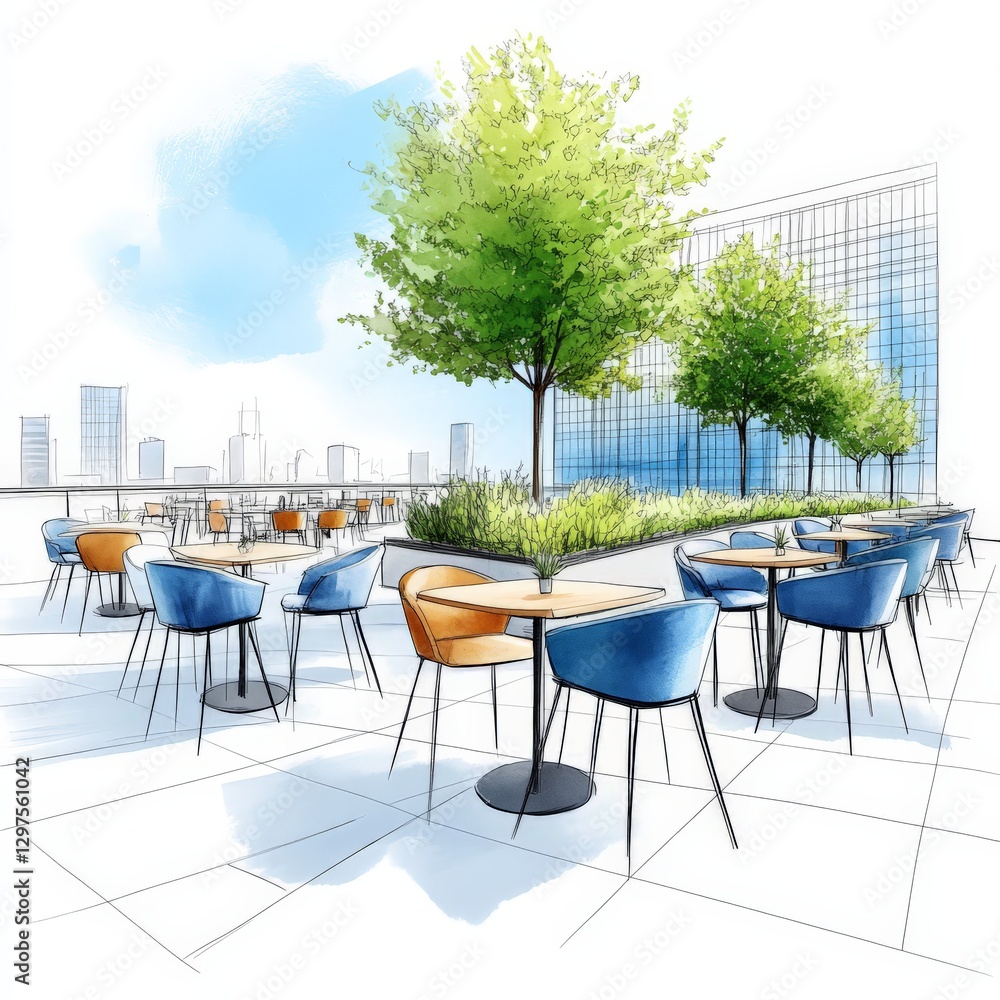 Obraz premium Sketch of restaurant or cafe location with table and chairs creative furniture 