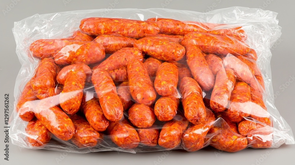 A large transparent bag filled with numerous vibrant red sausages on a neutral background A large transparent bag filled with numerous vibrant red sausages on a neutral background