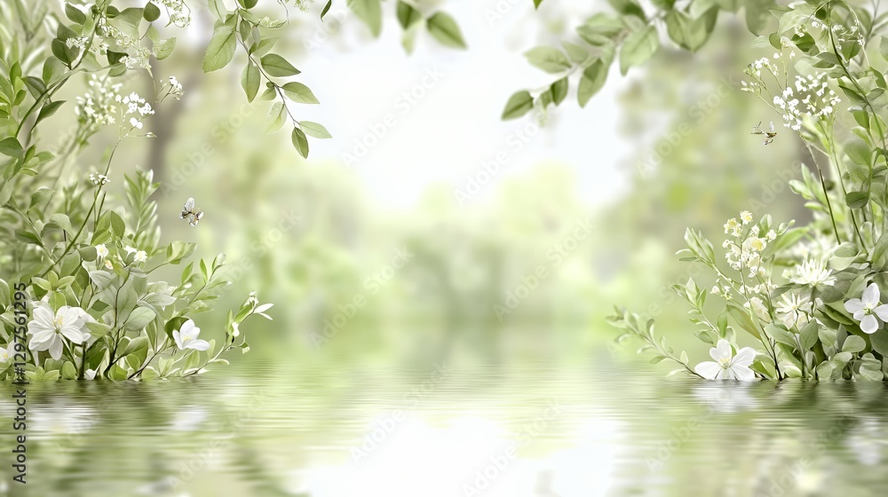 Serene Spring Landscape with White Flowers and Green Leaves Serene Spring Landscape with White Flowers and Green Leaves