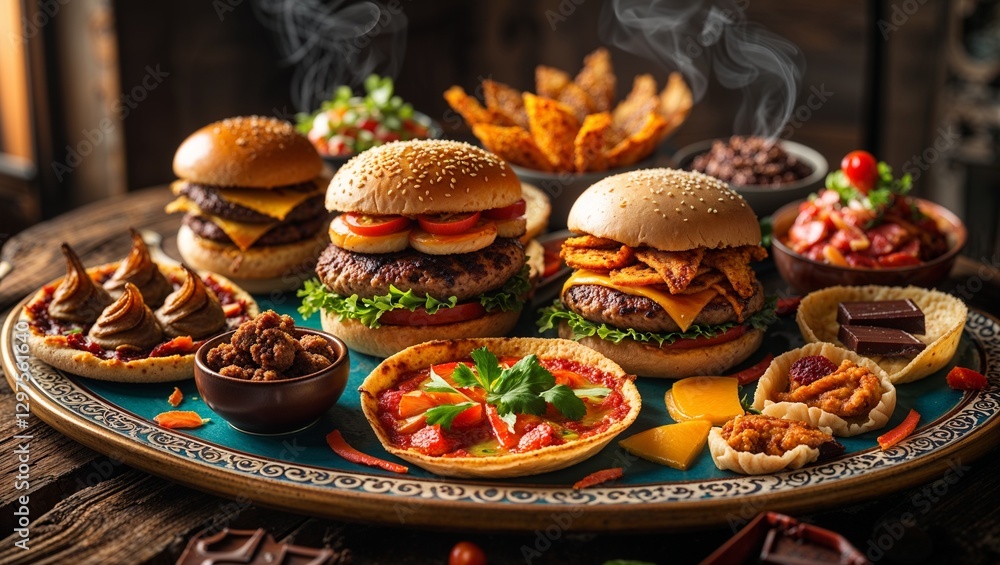 Delicious Gourmet Burger Platter with Savory Snacks and Desserts Delicious Gourmet Burger Platter with Savory Snacks and Desserts