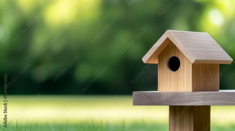 Wooden birdhouse sits on a platform in a lush green yard surrounded by nature during a sunny day Wooden birdhouse sits on a platform in a lush green yard surrounded by nature during a sunny day