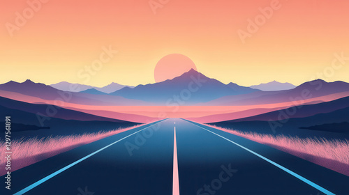 A straight road leading into the distance, mountains in the background