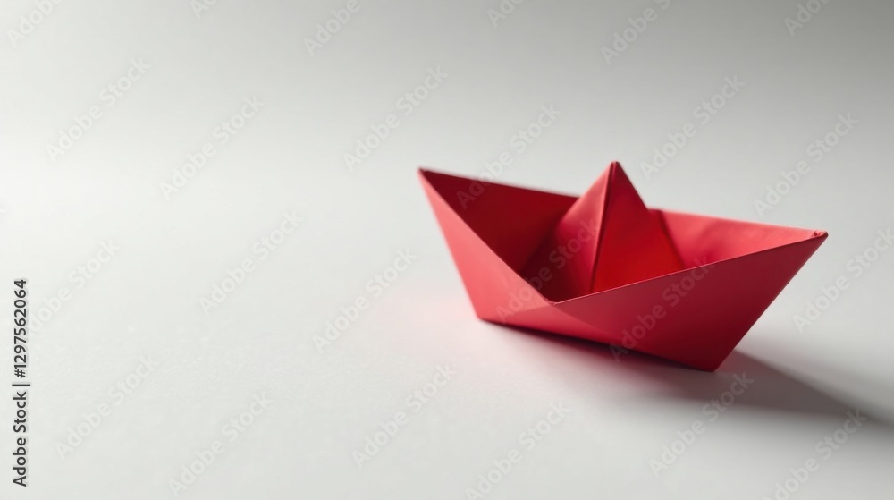 A Simple Red Paper Boat on a White Background, a Symbol of Childhood Imagination and Creative Play, Representing Hope and Adventure on a Calm Sea A Simple Red Paper Boat on a White Background, a Symbol of Childhood Imagination and Creative Play, Representing Hope and Adventure on a Calm Sea