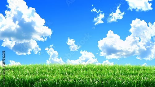 Bright Sunny Day Lush Green Grass Field Under Blue Sky with Fluffy White Clouds