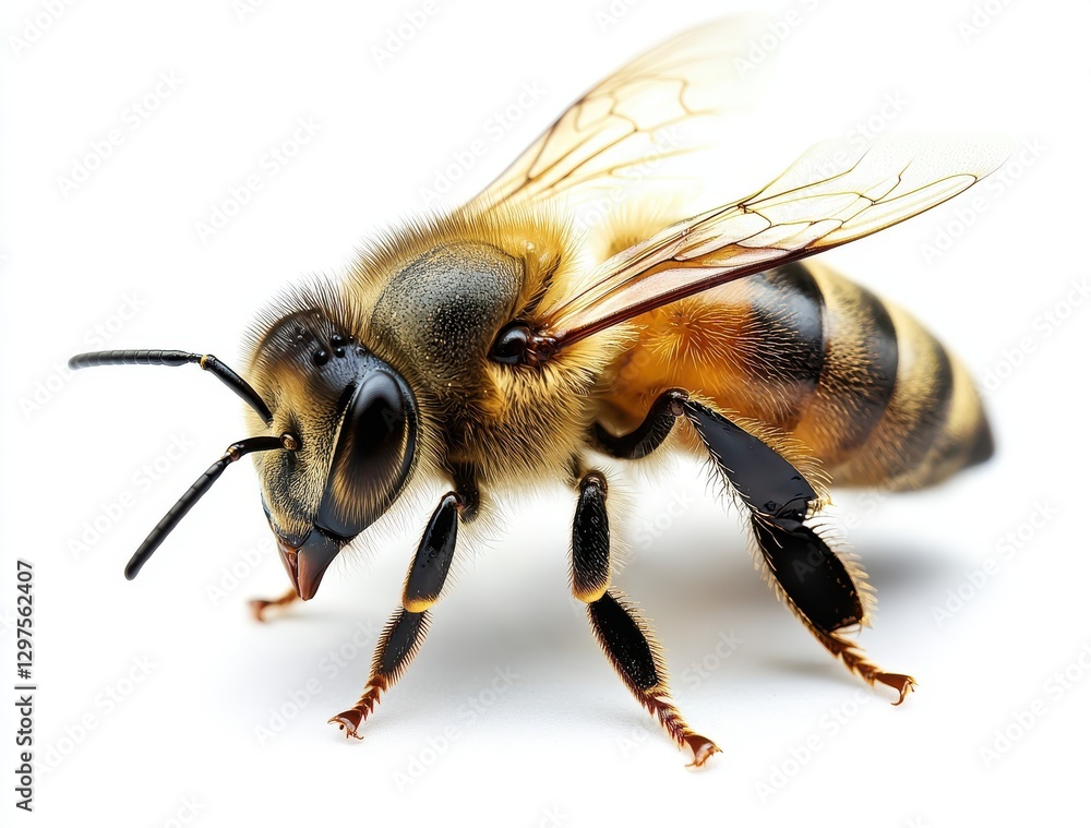 Close-up View of a Honeybee with Detailed Features Highlighting Wings, Body, and Antennae on a Light Background for Nature and Insect Studies Close-up View of a Honeybee with Detailed Features Highlighting Wings, Body, and Antennae on a Light Background for Nature and Insect Studies