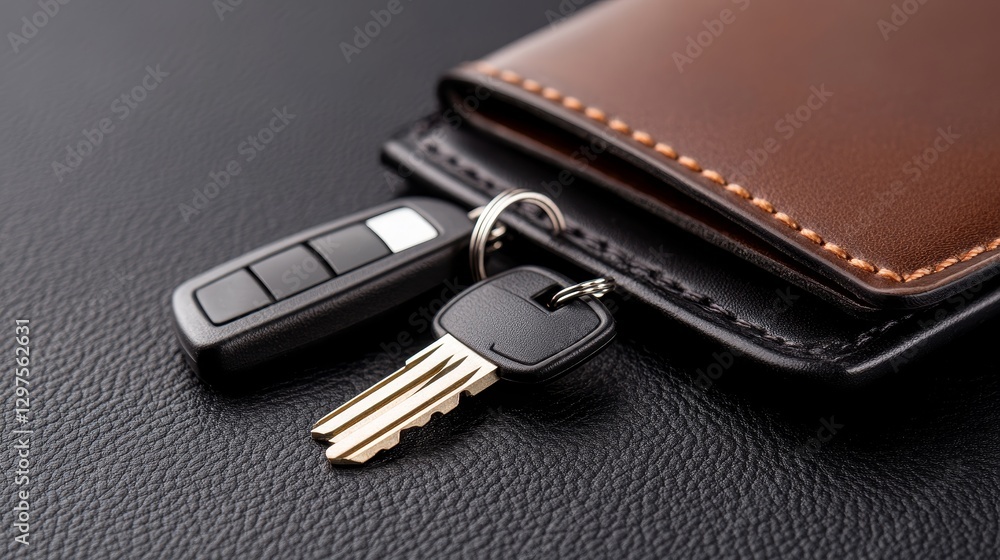Close-up of a brown leather wallet with car keys and a remote key fob resting on a black surface Close-up of a brown leather wallet with car keys and a remote key fob resting on a black surface