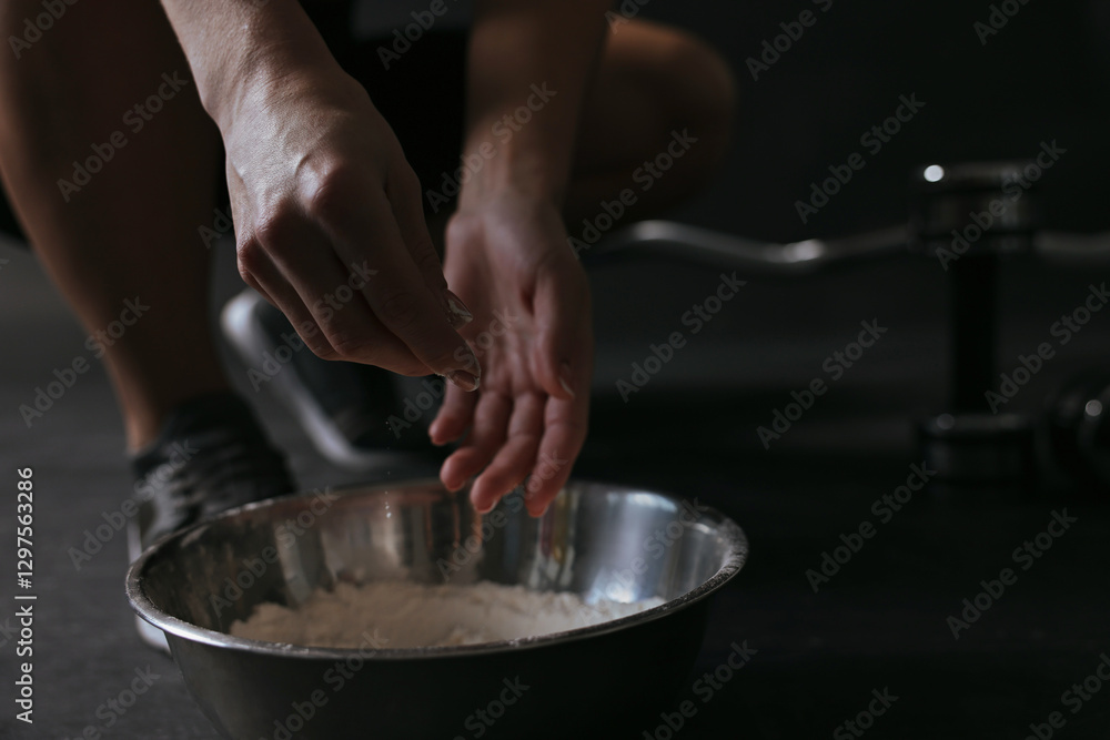 Woman applying talcum powder onto her hands above bowl before training in gym, closeup Woman applying talcum powder onto her hands above bowl before training in gym, closeup