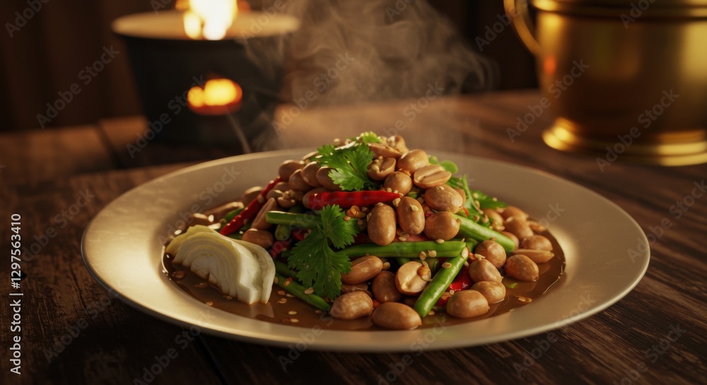 A steaming plate of spiced karedok garnished with herbs and chili, set on a rustic wooden table A steaming plate of spiced karedok garnished with herbs and chili, set on a rustic wooden table