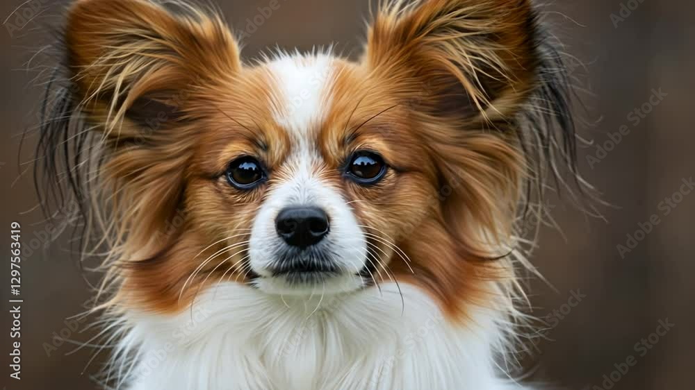 Charming Papillon Dog Close-Up with Expressive Eyes and Unique Butterfly Ears Posing Outdoors Charming Papillon Dog Close-Up with Expressive Eyes and Unique Butterfly Ears Posing Outdoors