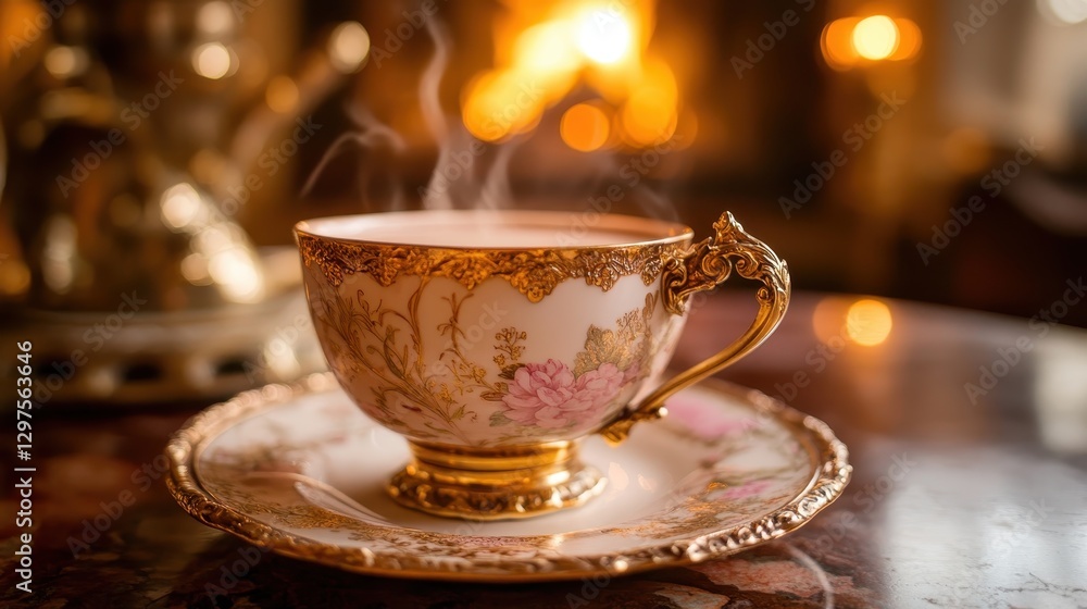 Fototapeta premium Elegant Teacup with Steam Against Cozy Fireplace Background