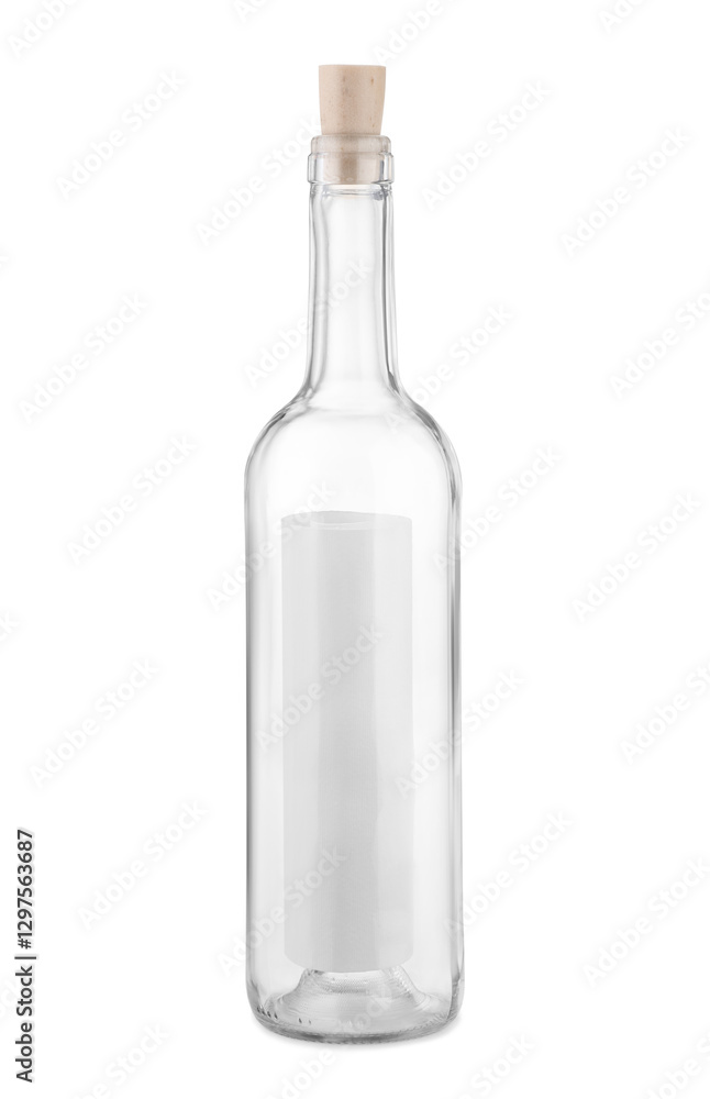 Corked glass bottle with rolled letter isolated on white Corked glass bottle with rolled letter isolated on white