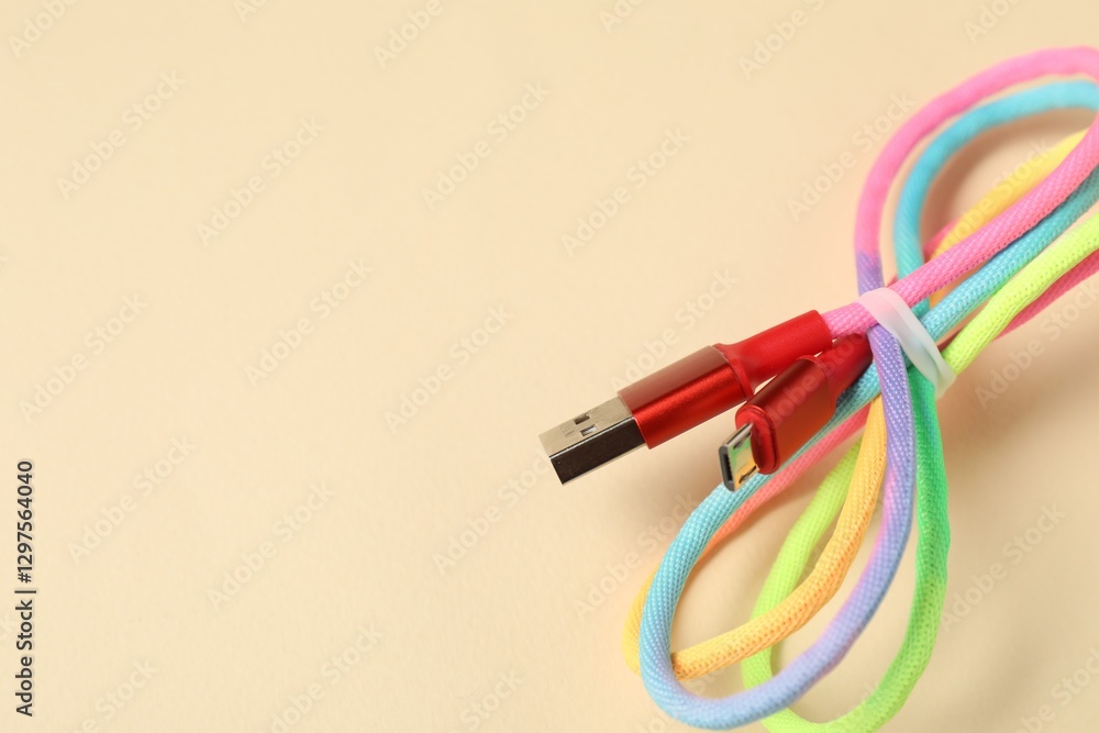 One USB charge cable on beige background, closeup. Space for text One USB charge cable on beige background, closeup. Space for text
