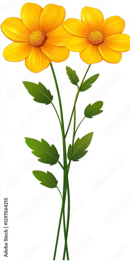 Two vibrant yellow flowers with green leaves on stems against a white background. Close up view of delicate petals and foliage Two vibrant yellow flowers with green leaves on stems against a white background. Close up view of delicate petals and foliage