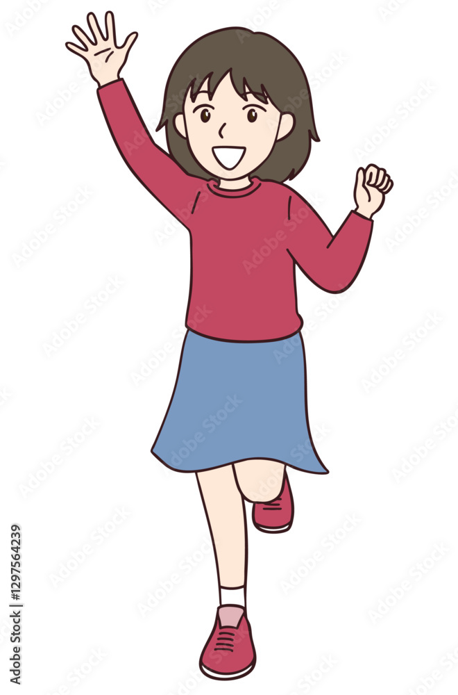 片手を上げて笑う元気な女の子 片手を上げて笑う元気な女の子
