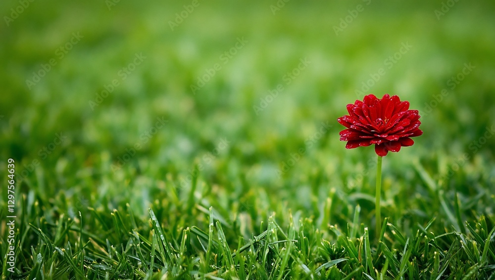 Single red flower in green grass; nature background; peace Single red flower in green grass; nature background; peace