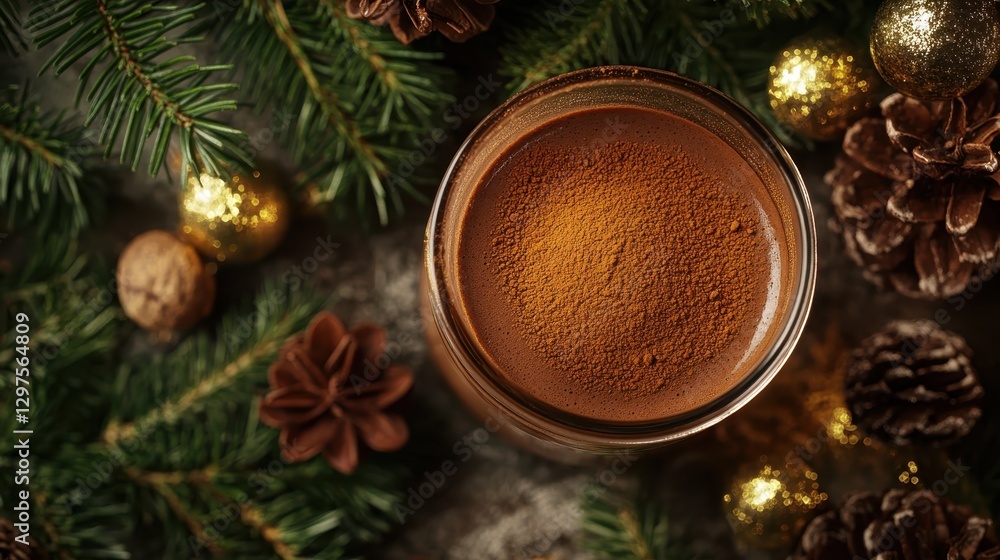 Festive Cocoa Powder in Glass Jar Surrounded by Pine and Ornaments Festive Cocoa Powder in Glass Jar Surrounded by Pine and Ornaments