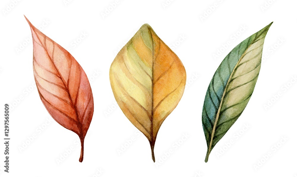 Fototapeta premium Exquisite watercolor leaves in autumn colors showcasing the beauty of nature and seasonal change