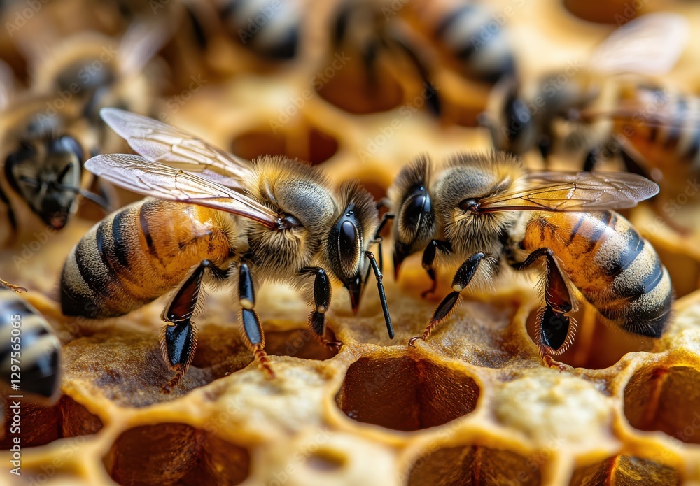 Close-Up View of Honey Bees Engaging on Honeycomb, Capturing Their Intricate Features and Cooperative Behavior in a Natural Setting