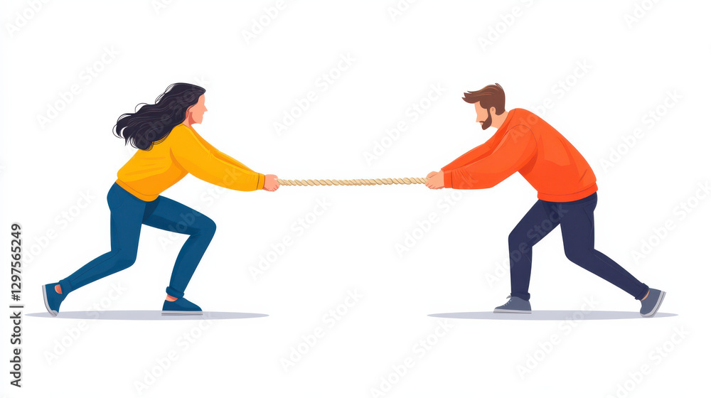 Obraz premium woman and man engage in tug of war, pulling rope against each other with determination. illustration features dynamic pose and vibrant colors, highlighting competitive spirit