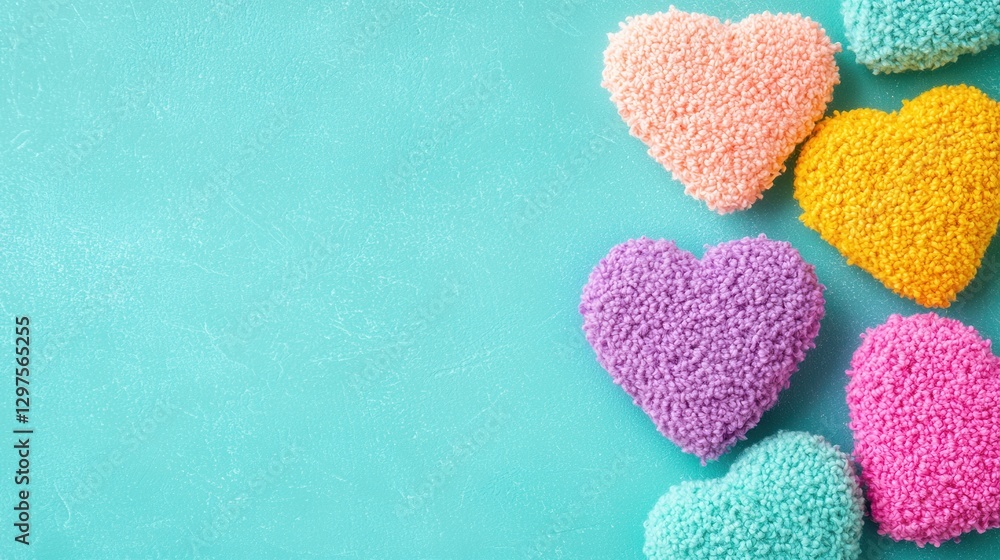 Obraz premium Pastel Textured Hearts on Teal Glitter Backgrounds and Decorated Images With Copy Space. Images