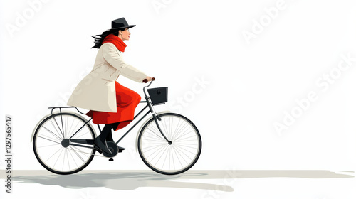 woman in red scarf and coat rides bicycle against white background, exuding sense of freedom and style