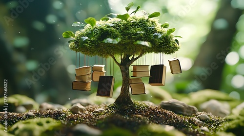 Whimsical tree of knowledge enchanted forest illustration tranquil environment close-up view imagination and learning