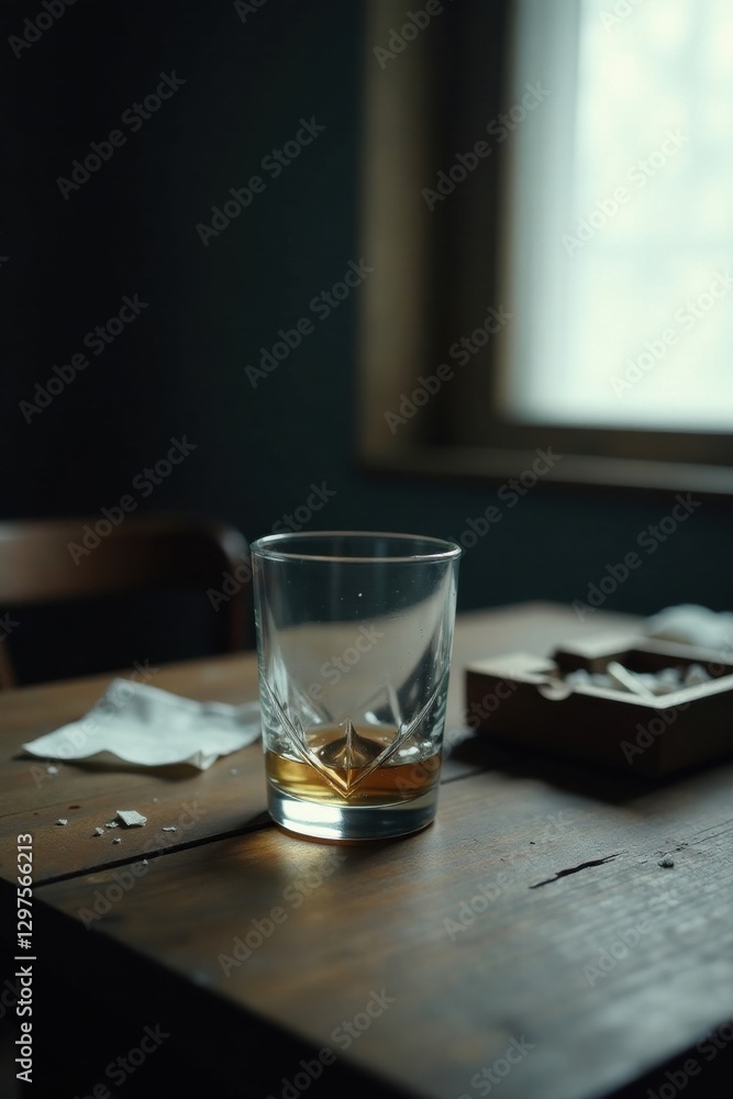 A solitary glass of amber liquid rests on a rustic wooden table, near an ashtray and a crumpled napkin, bathed in soft, natural light A solitary glass of amber liquid rests on a rustic wooden table, near an ashtray and a crumpled napkin, bathed in soft, natural light