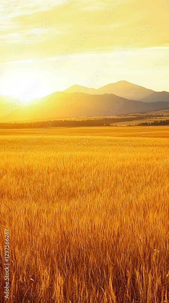 Golden Wheat Field at Sunset with Mountain Range Golden Wheat Field at Sunset with Mountain Range